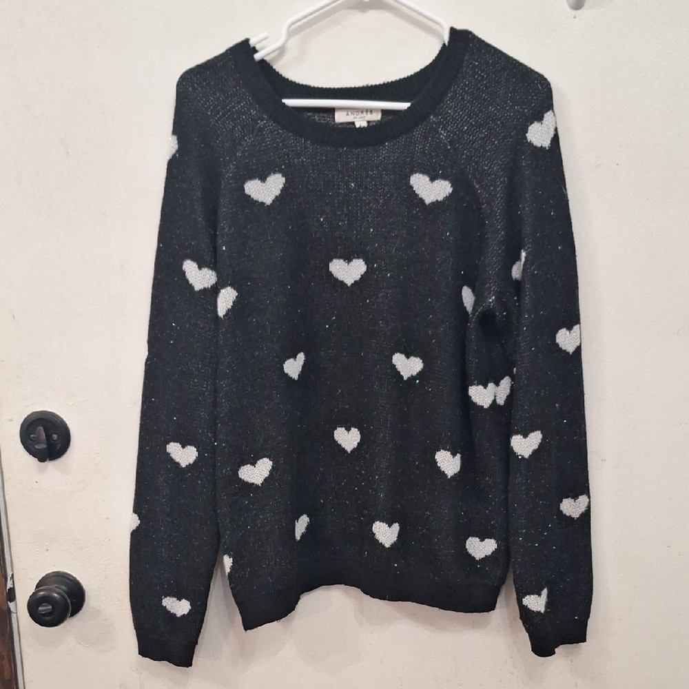 Andree Black Sparkly Crewneck Sweater with White Heart Motif